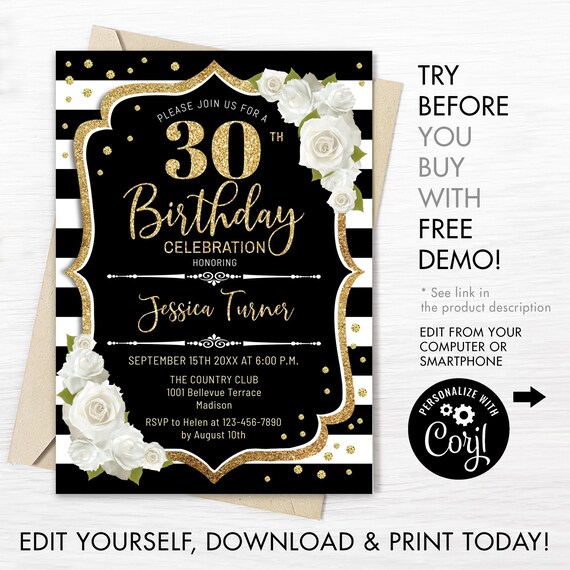 30th Birthday Invitation INSTANT DOWNLOAD Digital Template. - Etsy