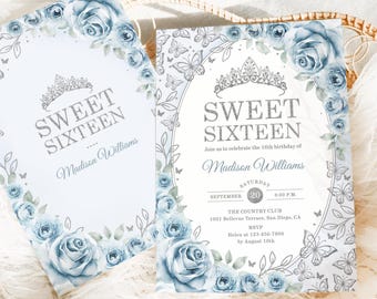 Baby Blue Sweet Sixteen Invitation, Floral Roses Silver Butterflies, Printable Invitation, Digital Template