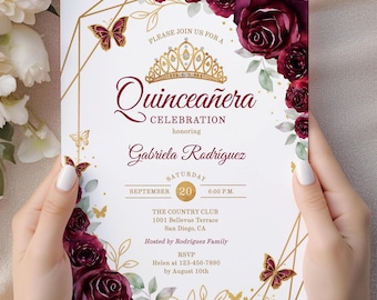 Burgundy Gold Quinceañera Invitation: Watercolor Roses, Butterflies (EDITABLE TEMPLATE, Digital Download)