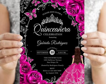 May include: A black Quinceañera invitation card featuring a silver tiara graphic, bright pink roses, and butterflies. The text reads: Please join us for a Quinceañera celebration honoring Gabriela Rodríguez, Saturday, September 20, 6:00 P.M.