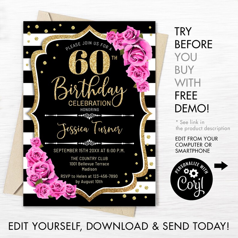 60th Birthday Invitation INSTANT DOWNLOAD Digital Template. - Etsy