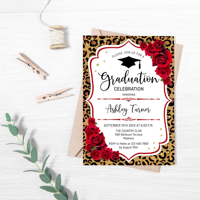 Leopard Graduation Invitations Leopard Print Graduation Invitation: Red Roses, Glitter Gold (digital ...