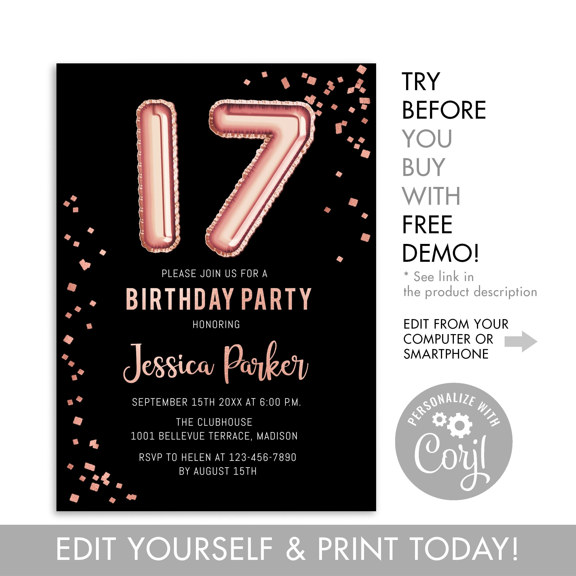 17th Birthday Invitation Template