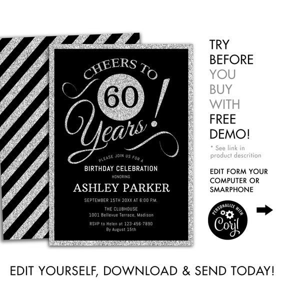 60th Birthday Party Invitation. INSTANT DOWNLOAD DIY Digital | Etsy