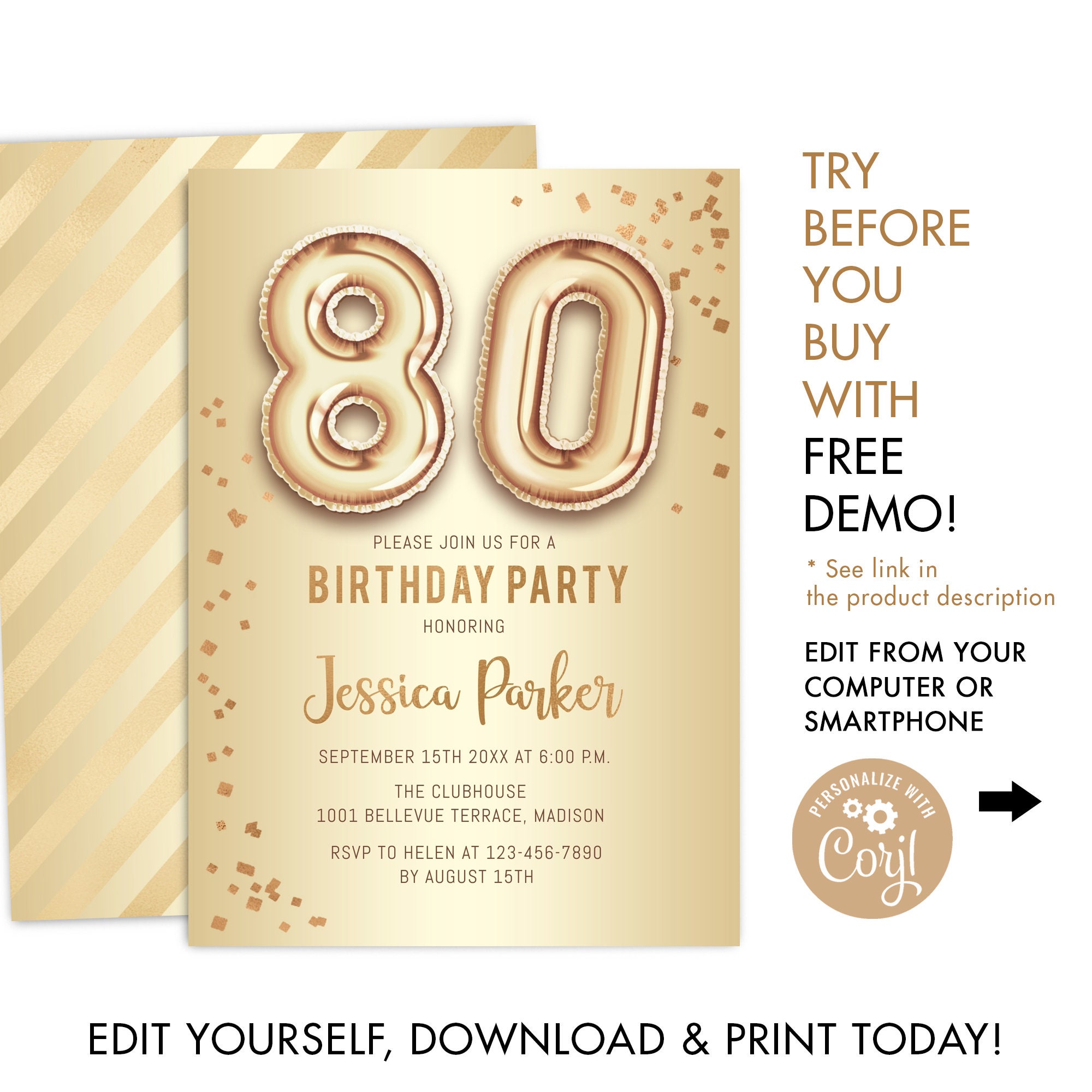 Editable 80th Surprise Birthday Invitation. INSTANT DOWNLOAD