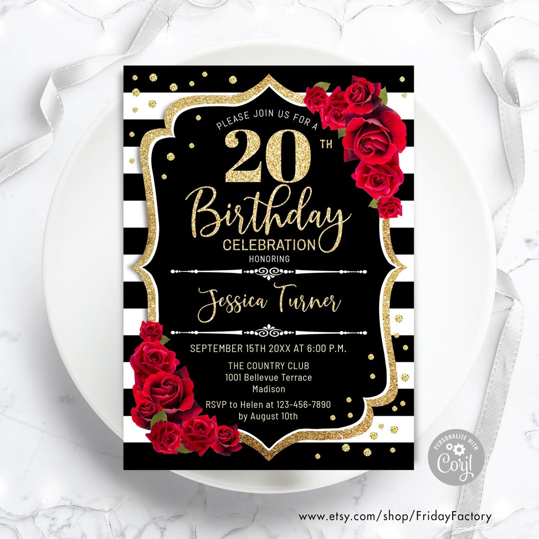 Invitación floral de cumpleaños: rosas negras, blancas, doradas y rojas ( plantilla digital) - Etsy México, image size:1080x1080