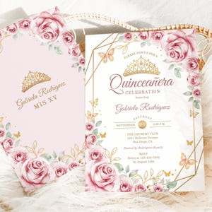 Pink Gold Floral Quinceañera Invitation, EDITABLE TEMPLATE, Watercolor Flowers Roses Butterflies, Mis Quince Anos, 15th Birthday Invite