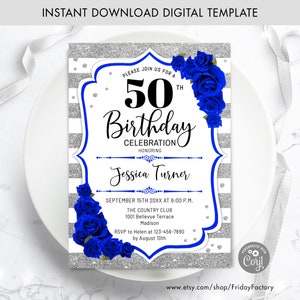 Royal Blue Floral 50th Birthday Invitation Template (Digital Download)