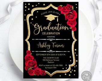 Black Glitter Graduation Invitation: Red Roses Floral Design (Digital Template)