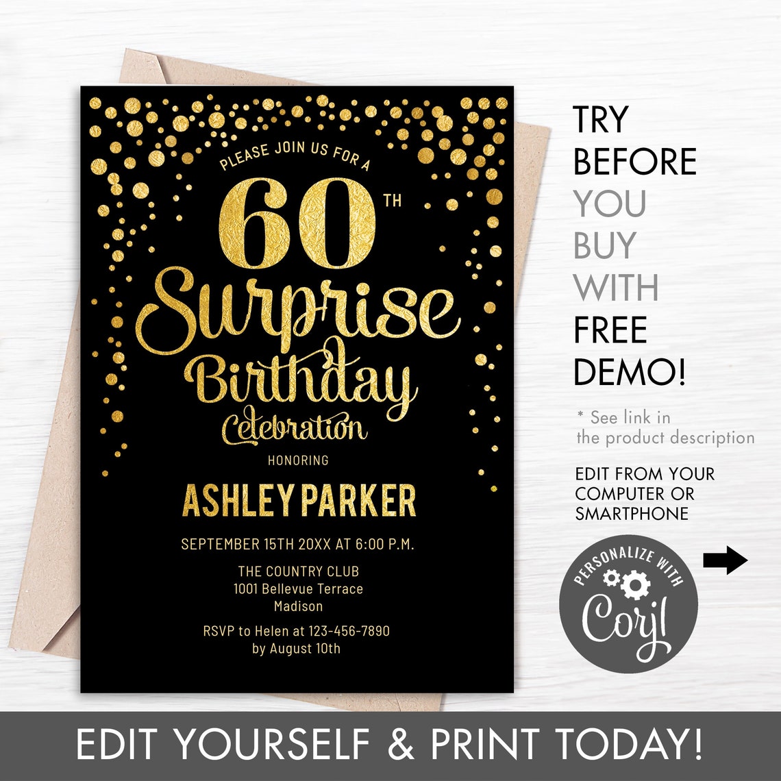 60th Surprise Birthday Invitation INSTANT DOWNLOAD Digital | Etsy