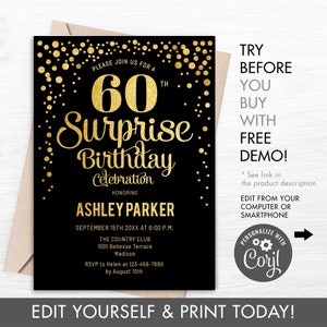 60th Surprise Birthday Invitation - INSTANT DOWNLOAD Digital Template. ANY Age. Glitter Gold Foil Black. Adult Birthday Invite