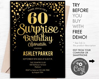 Glitter Gold Surprise Birthday Invitation: Black and Gold (Digital Template)