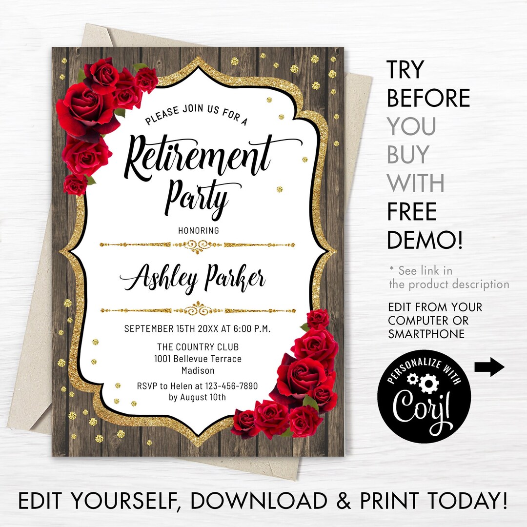 Retirement Party Invitation INSTANT DOWNLOAD Digital Template. Rustic