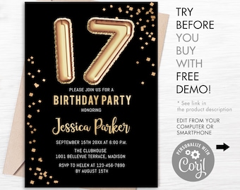 17th Birthday Party Invitation - INSTANT DOWNLOAD Digital Template. Black Gold Balloons. Adult Birthday Invite