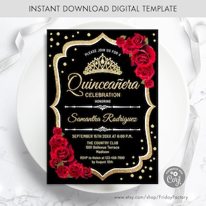 Quinceanera Invitation - INSTANT DOWNLOAD Digital Template. Black Glitter Gold Red Roses. Floral Birthday Invite
