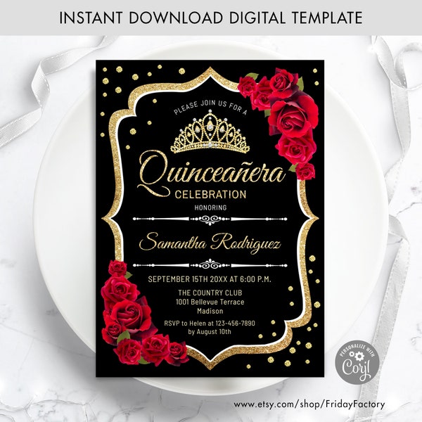 Quinceanera uitnodiging - INSTANT DOWNLOAD digitale sjabloon. Zwart Glitter Goud Rode Rozen. Bloemen verjaardag uitnodigen