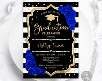 Floral Graduation Invitation: Black, White, Gold, Blue (Digital Template)