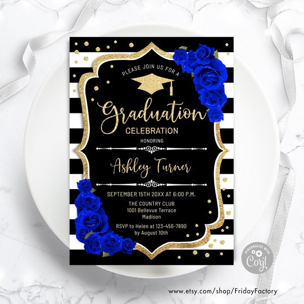 Graduation Invitation - INSTANT DOWNLOAD Digital Template. Black White Stripes. Glitter Gold Royal Blue Roses. Floral Grad Party Invite