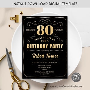 80th Birthday Party Invitation - INSTANT DOWNLOAD Digital Template. ANY Age. Gold Black. Cheers to 80 Years