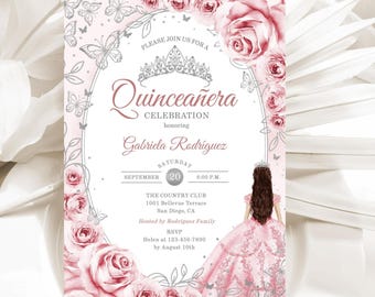 Roze uitnodiging quinceañera, bloemenrozen, zilveren vlinders, prinsessenjurk, afdrukbare uitnodiging, digitale sjabloon
