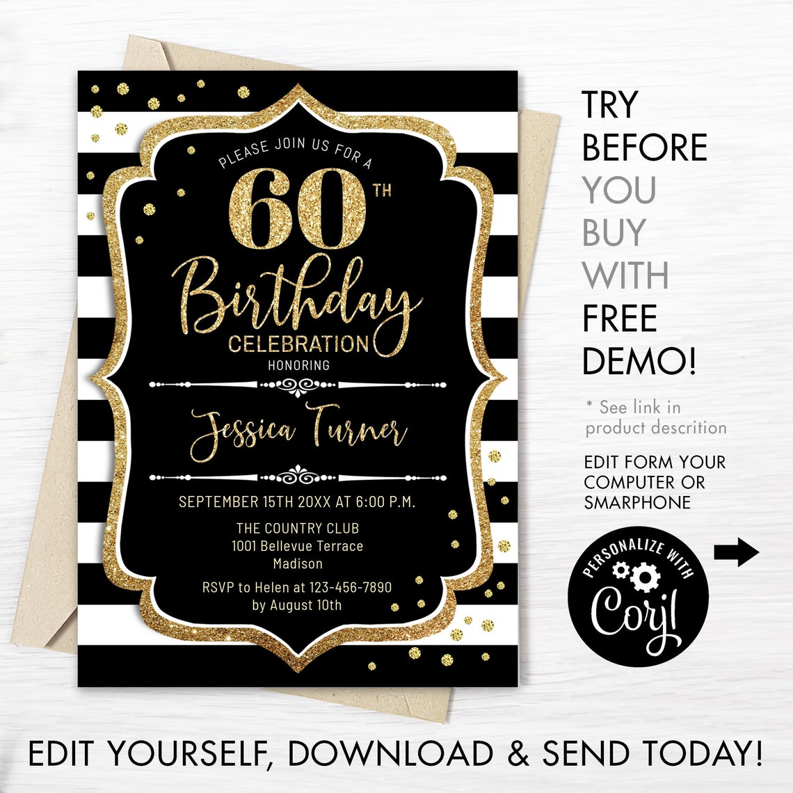 60th Birthday Invitation INSTANT DOWNLOAD Digital Template.  Etsy