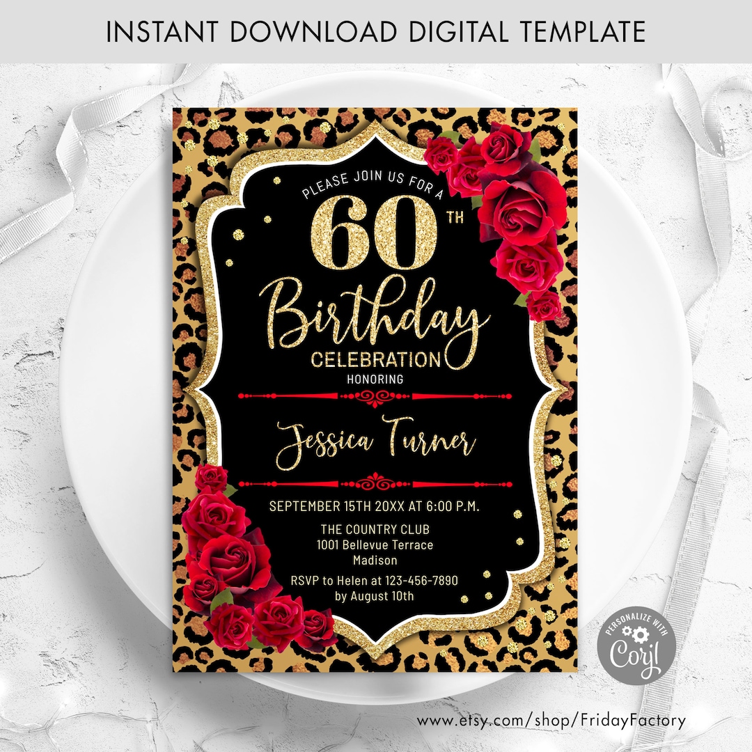 Leopard Print Birthday Invitation: Gold Glitter, Red Roses