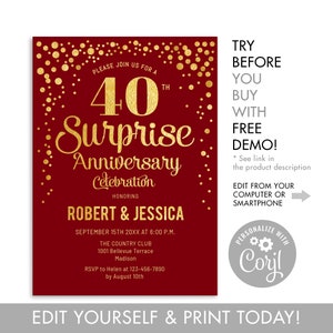 INSTANT DOWNLOAD 40th Surprise Wedding Anniversary Party Invitation. ANY Year. Digital Template. Glitter Gold Foil Ruby Red