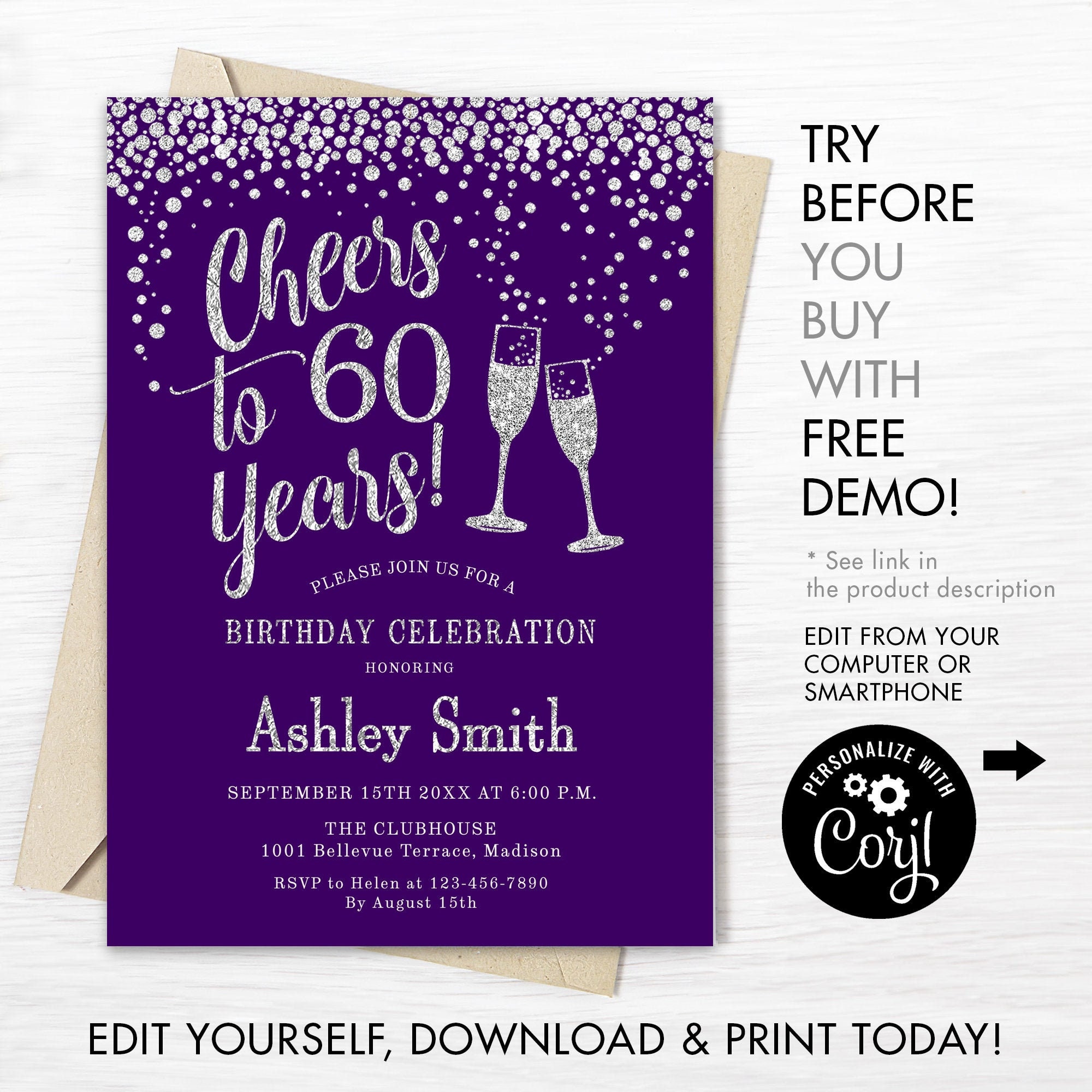 60th Birthday Invitation INSTANT DOWNLOAD Digital Template Etsy UK