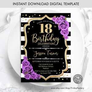 18th Birthday Invitation - INSTANT DOWNLOAD Digital Template. ANY age. Black White Stripes. Glitter Gold Purple Roses. Floral Bday Invite
