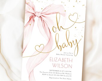 May include: A baby shower invitation with a watercolor pink ribbon bow and gold text that reads "Oh baby". The invitation includes the name "Elizabeth Wilson" and event details. Gold confetti dots the white background.