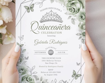 Sage Green Floral Quinceañera Invitation, Roses Butterflies, Printable Digital Template