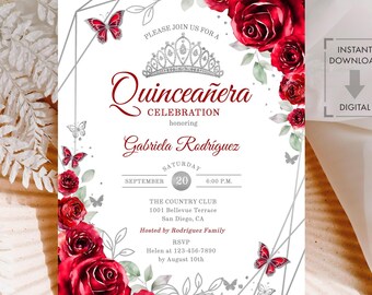 Floral Quinceañera Invitation, Red Silver Watercolor Roses, EDITABLE TEMPLATE