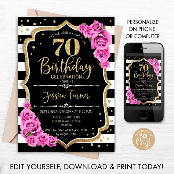70th Birthday Invitation INSTANT DOWNLOAD Digital Template. | Etsy