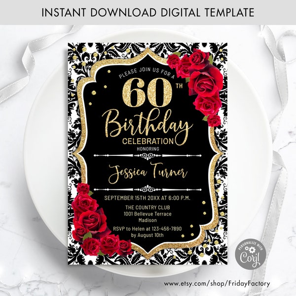 60th Birthday Invitation - INSTANT DOWNLOAD Digital Template. ANY age. Black White Damask. Glitter Gold Red Roses. Floral Birthday Invite