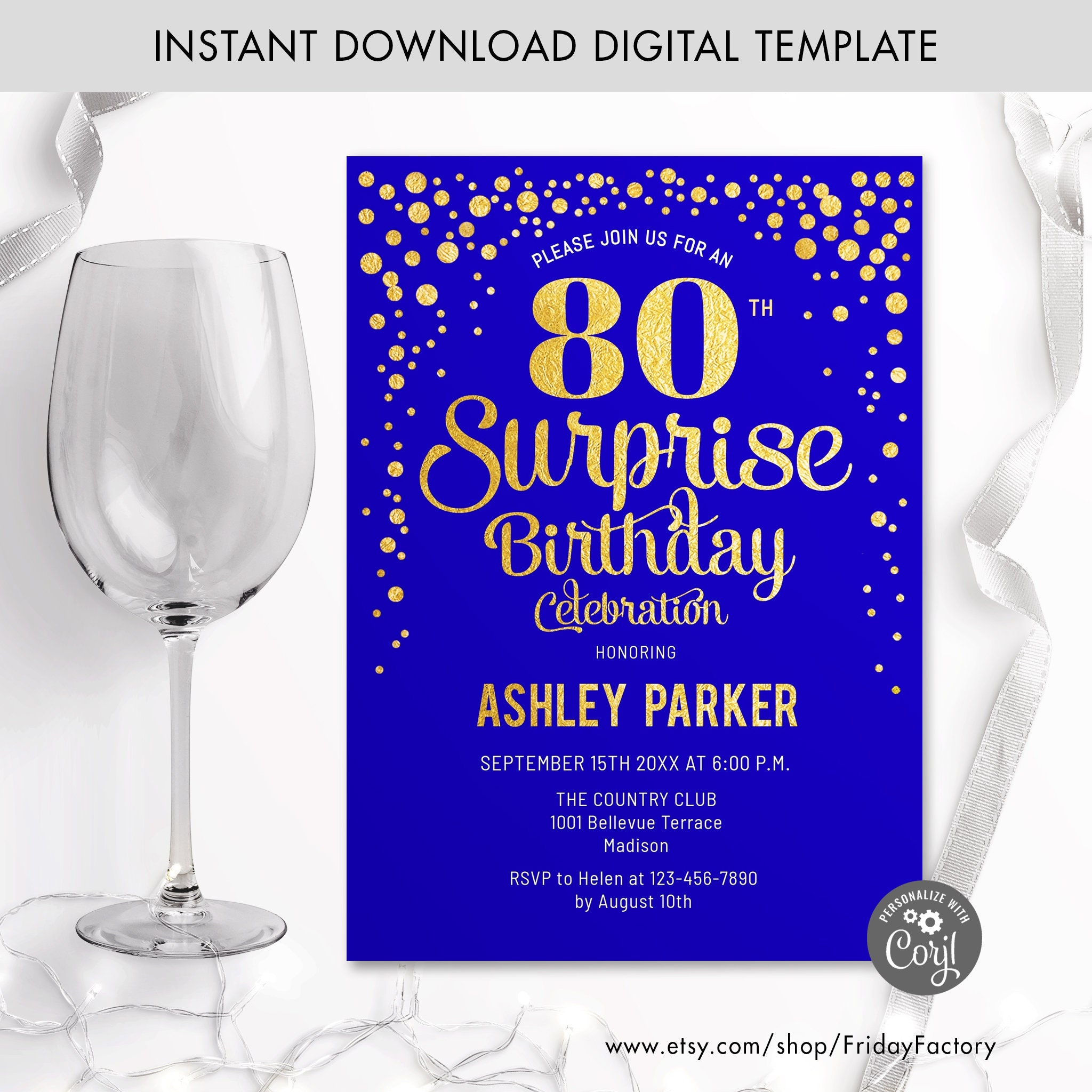 Editable 80th Surprise Birthday Invitation. INSTANT DOWNLOAD