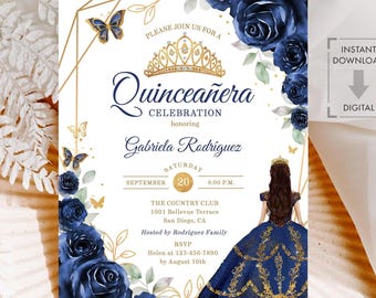 Marinegouden uitnodiging quinceañera, bloemen marineblauwe rozen, vlinders (BEWERKBARE SJABLOON)