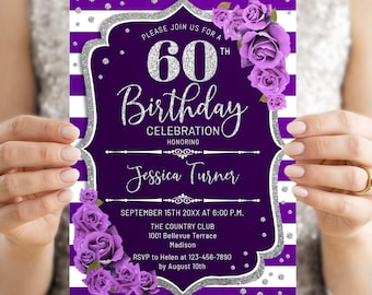 Purple Silver Floral 60th Birthday Invitation (digital Template