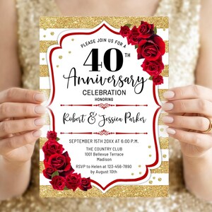 May include: A 40th Anniversary invitation with a gold glitter background and white and red accents. The invitation features the text "PLEASE JOIN US FOR A 40th Anniversary Celebration" and the names "Robert & Jessica Parker". Red roses adorn the corners.