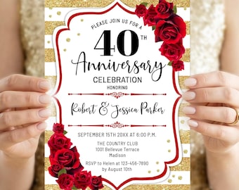 May include: A 40th Anniversary invitation with a gold glitter background and white and red accents. The invitation features the text "PLEASE JOIN US FOR A 40th Anniversary Celebration" and the names "Robert & Jessica Parker". Red roses adorn the corners.