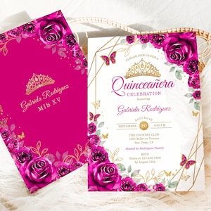 Fuchsia Pink Gold Floral Quinceañera Invitation, EDITABLE TEMPLATE, Watercolor Roses Butterflies, Mis Quince Anos, 15th Birthday Invite