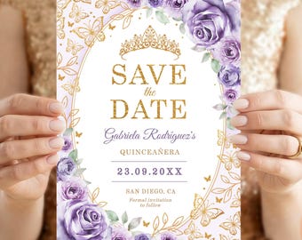 Save The Date quinceañera lila paars goud, bloemen rozen, afdrukbare digitale sjabloon