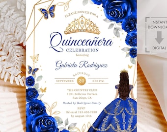 Royal Blue Gold-uitnodiging voor quinceañera, bloemen, rozen, vlinders (BEWERKBARE SJABLOON)
