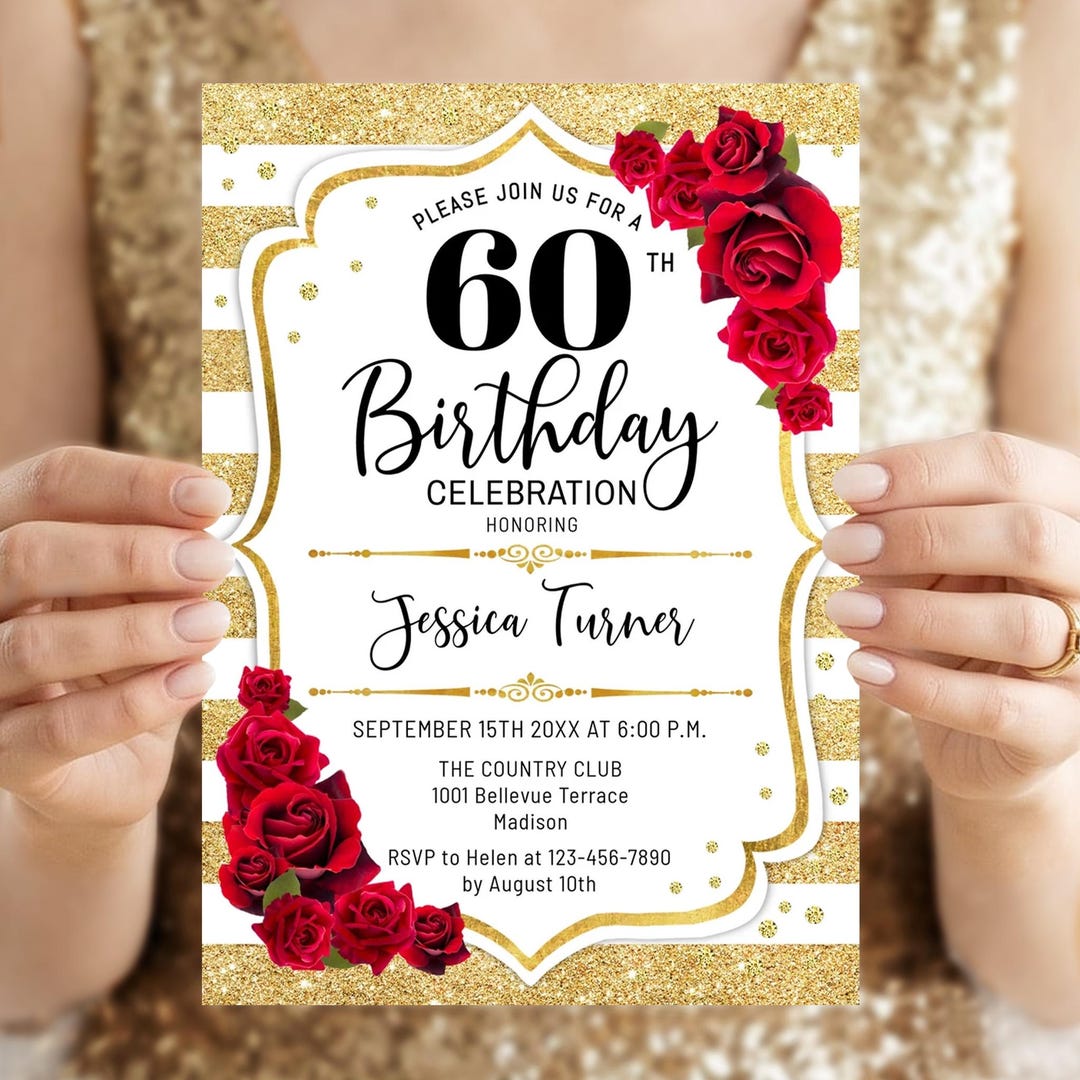Gold Red Roses 60th Birthday Invitation (digital Template) - Etsy