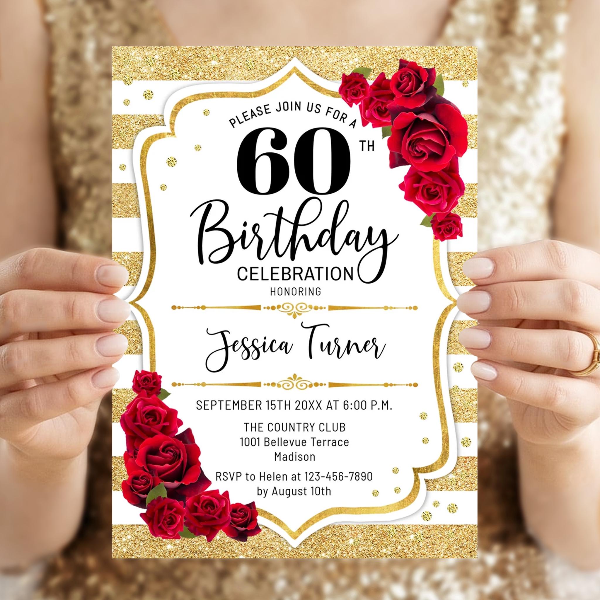 Gold Red Roses 60th Birthday Invitation (digital Template) - Etsy