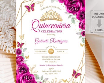 Uitnodiging fuchsia quinceañera: aquarelrozen, vlinders (digitale download bewerkbare sjabloon)