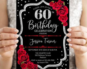 Black Glitter Birthday Invitation with Red Roses (Digital Template)