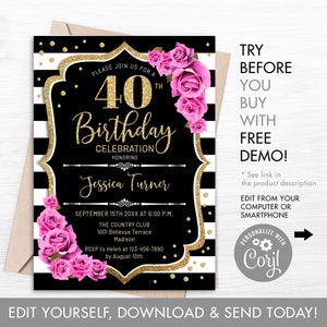Invitación de cumpleaños número 40 - Plantilla digital de descarga instantánea. Editable. Cualquier edad. Rayas blancas negras. Rosas rosadas doradas brillantes. Floral