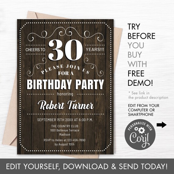 30th Birthday Party Invitation INSTANT DOWNLOAD Digital Etsy
