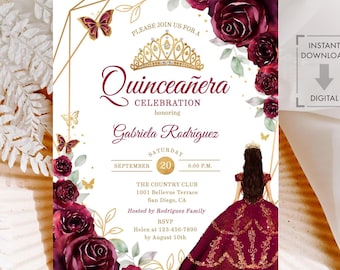 Burgundy Gold Quinceañera Invitation, Floral Burgundy Roses, Butterflies, EDITABLE TEMPLATE