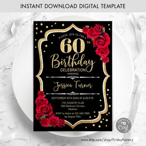 Black Glitter Gold Roses Birthday Invitation - Any Age (Digital Template)